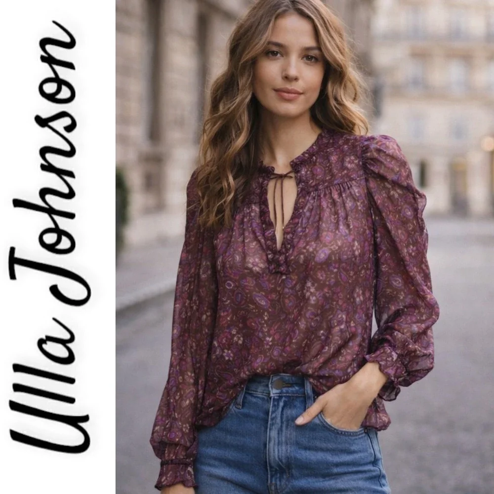 ULLA JOHNSON Renly Silk Paisley Blouse Plum Purple Boho Luxe Romantic,‎ Size 0